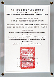 2013國家生技醫療品質銅獎證書，安全無縫，面面俱到-行動智慧化療給藥作業管理